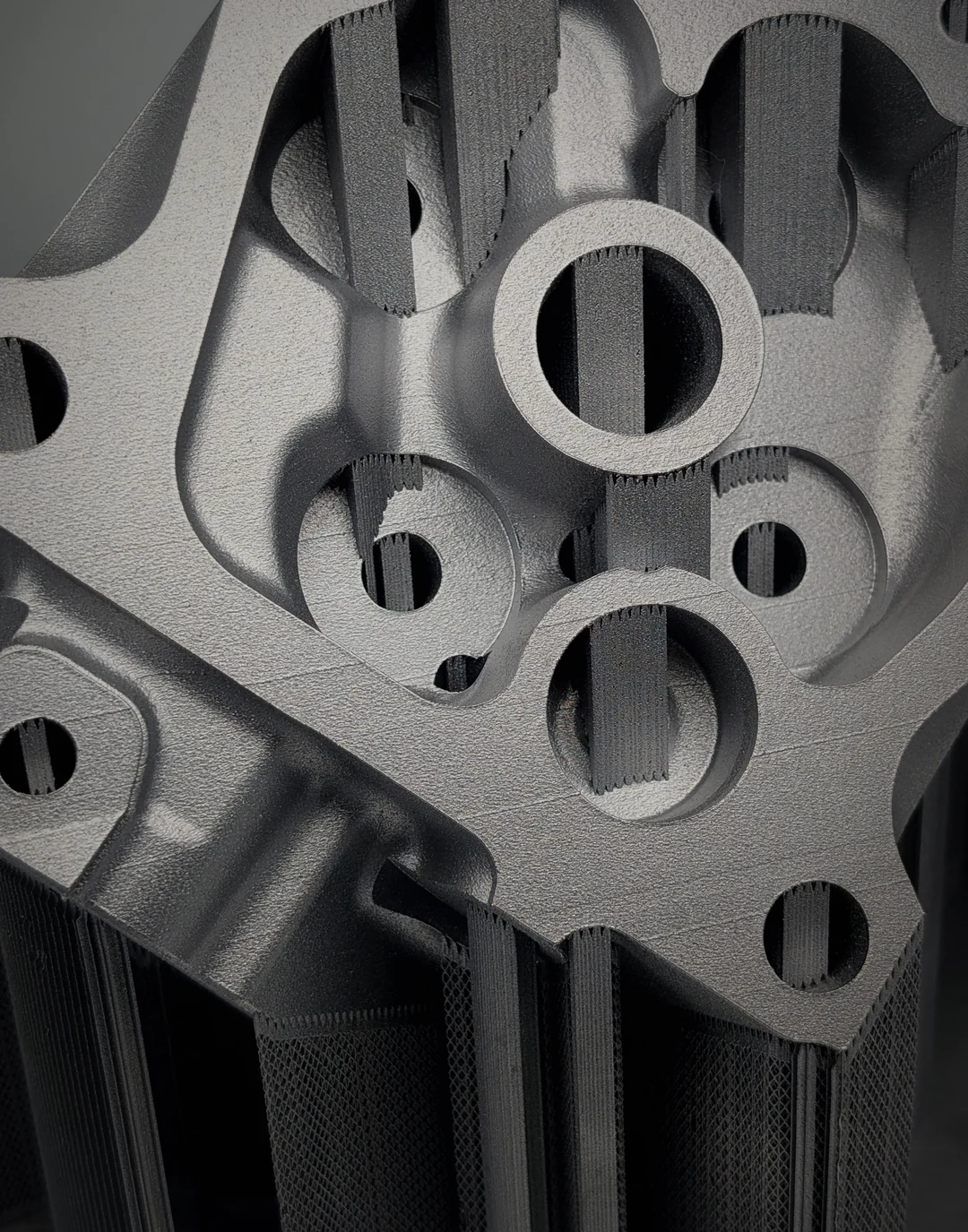 The printed cylinder head close up: its ports and walls, and the thin supports the laser built under it