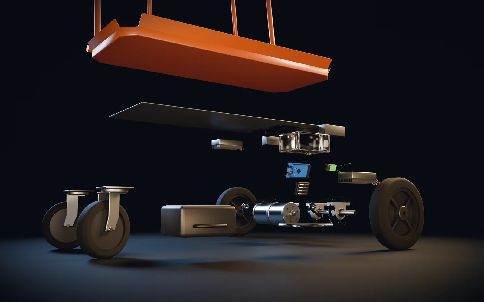 The cart taken apart in the air: the orange frame above, then the mounting plate, the sealed electronics box with the Arduino and the radio receiver, and below them the battery, a motor with its chain drive, the drive wheels and two swivel casters